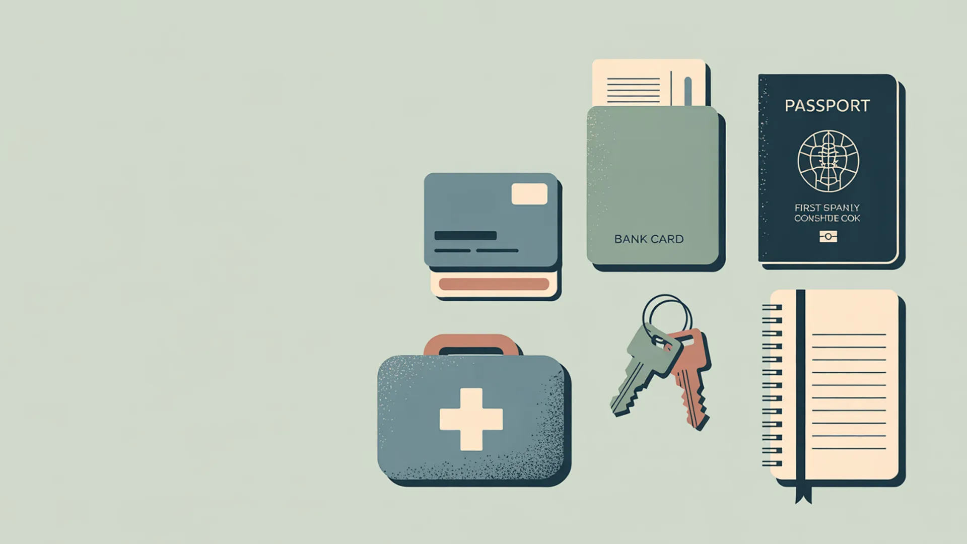 Travel essentials arranged on a desk: passport, bank cards, keys, and notebook