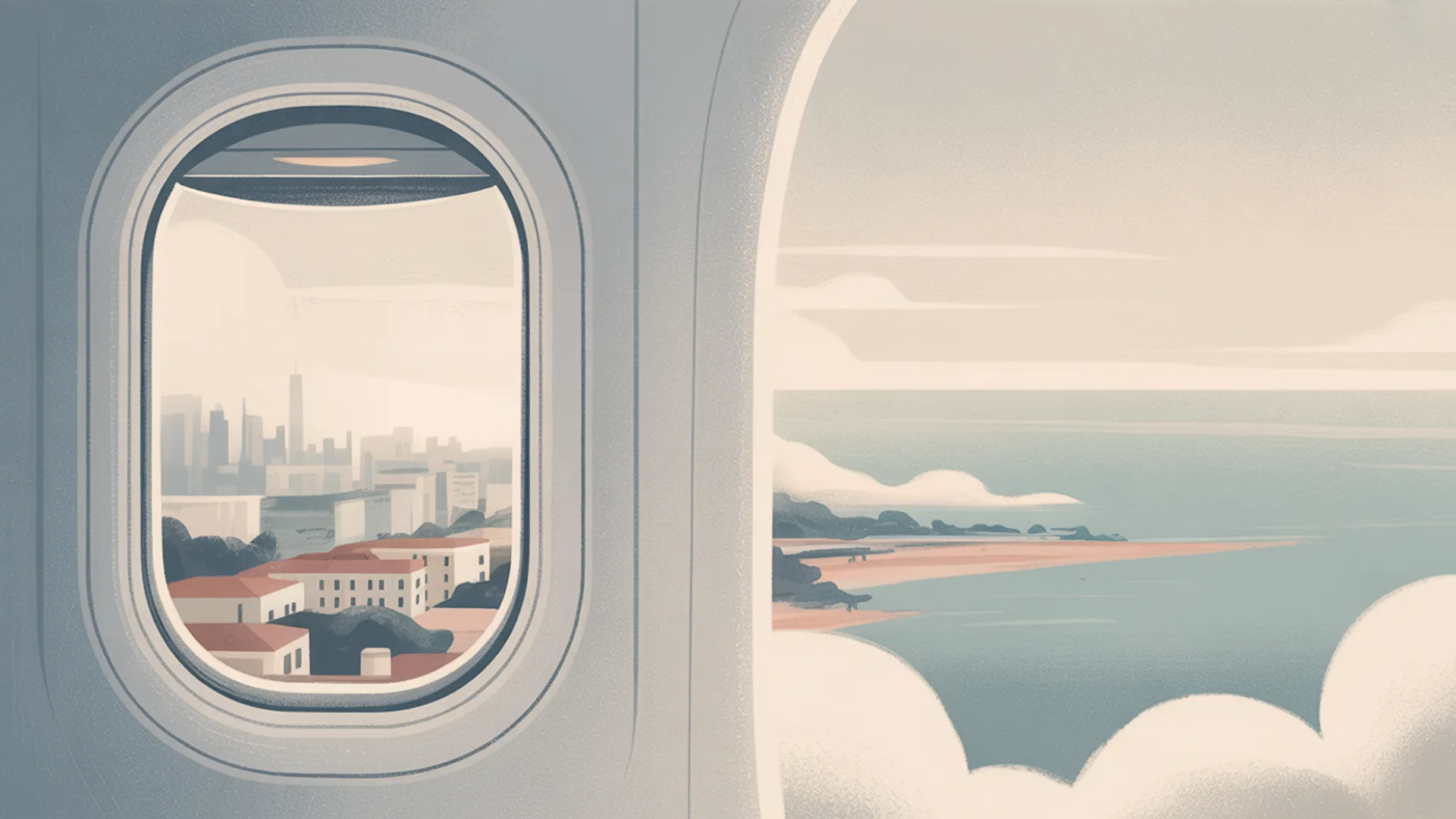 Airplane window view of a distant city and coastline through soft clouds