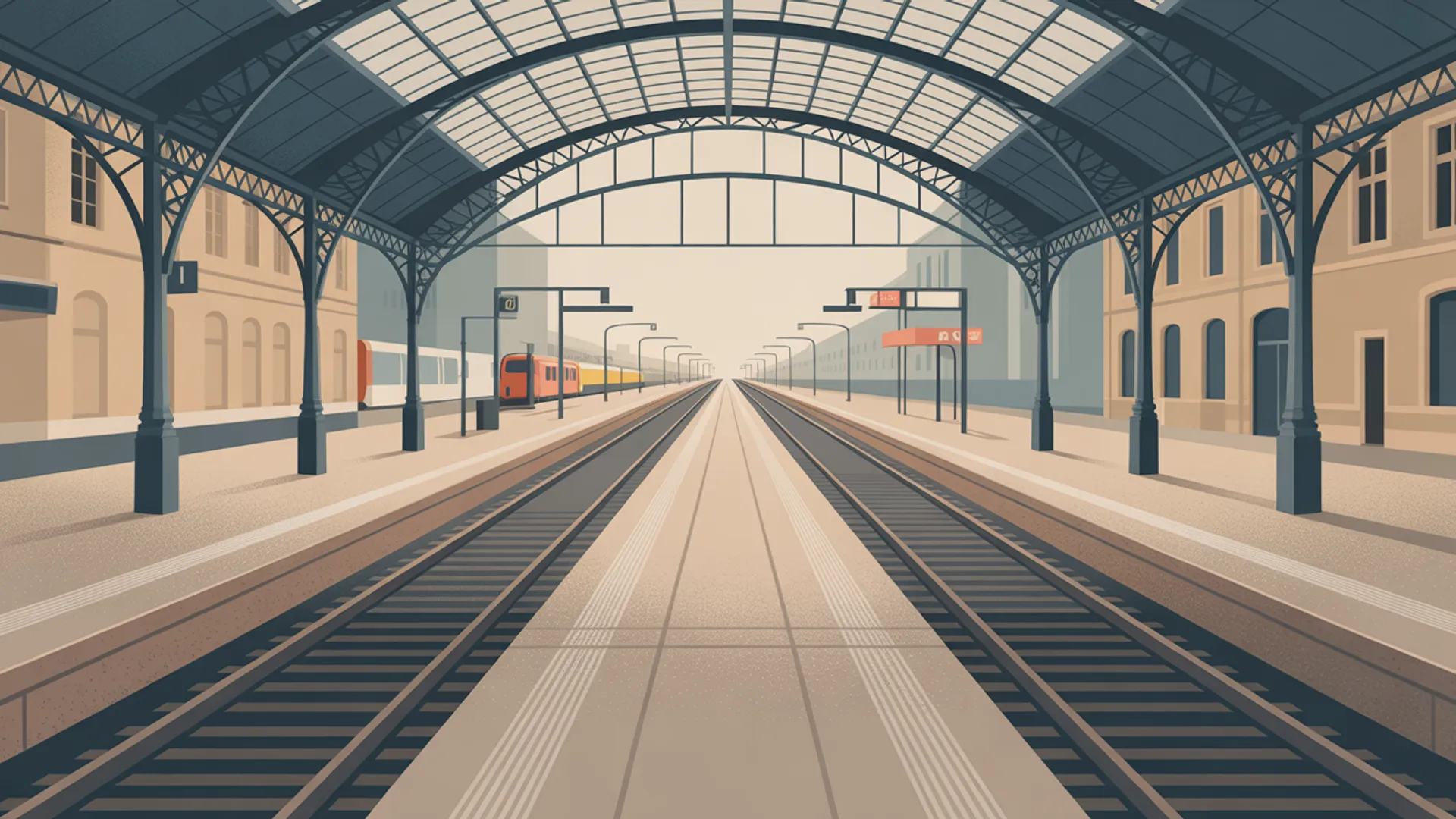 European train station platform with multiple railway tracks diverging into the distance